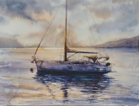 Téléchargez les photos : Beautiful landscape with peaceful bay, anchored boat with lowered sail at sunset or sunrise. Picture created with watercolors. - en image libre de droit