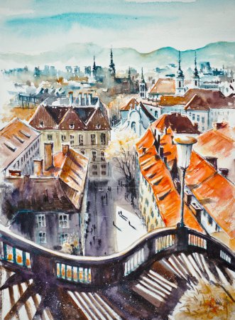 Photo for View of the Schlossbergplatz square with the stairway from the castle hill in Graz, Austria. Picture created with watercolors. - Royalty Free Image