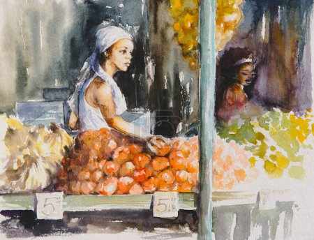 Foto de Vendedora mujer ofrece frutas frescas y orgánicas en el mercado de agricultores. Imagen creada con acuarelas. - Imagen libre de derechos