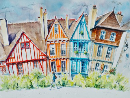 Téléchargez les photos : Maisons colorées dans le centre historique de Vannes, ville côtière médiévale du département du Morbihan, Bretagne, France. Image créée avec des aquarelles. - en image libre de droit