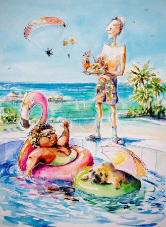 Foto de Escena de verano. Vacaciones exóticas. La pareja está de vacaciones en los trópicos. La señora con el perro nada en la piscina, el caballero sirve bebidas. Ilustración pintada con acuarelas. - Imagen libre de derechos