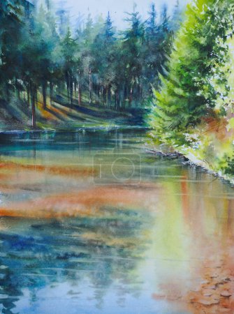 Foto de Pintura acuarela original. Bosque de verano en el fondo y reflejos en el agua colorida. - Imagen libre de derechos
