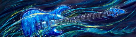 Photo for Abstract acrylic painting of blue electric guitar. Colorful waves in the background symbolize music. - Royalty Free Image