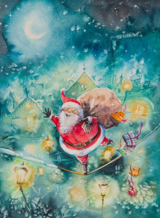 Téléchargez les photos : Père Noël équilibre sur un fil au milieu d'une ville de nuit d'hiver. Illustration aquarelle peinte à la main. - en image libre de droit