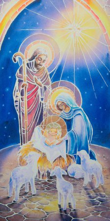 Téléchargez les photos : Scène de nativité de Noël avec l'aquarelle Sainte Famille illustration, Vierge, enfant Jésus, Saint Joseph avec étoile en arrière-plan. - en image libre de droit