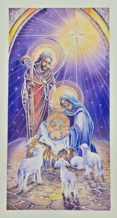 Foto de Belén de Navidad con la Sagrada Familia ilustración acuarela, Virgen, Niño Jesús, San José con la estrella en el fondo. - Imagen libre de derechos