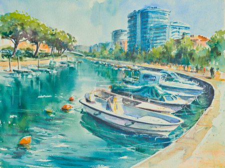 Téléchargez les photos : Paysage urbain de Grado, Italie. Vue d'un canal avec des bateaux à moteur couchés sur l'eau. Image créée avec des aquarelles. - en image libre de droit