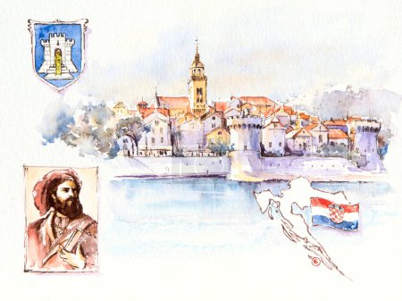 Téléchargez les photos : Ville historique de Korcula vue panoramique avec un portrait de Marco Polo, les armoiries de la ville, le drapeau et une carte de la Croatie. Illustration créée avec des aquarelles. - en image libre de droit