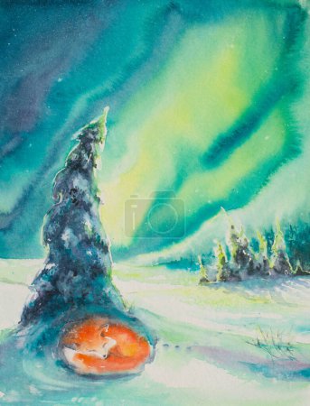Téléchargez les photos : Paysage hivernal avec renard endormi et aurore boréale en arrière-plan. Image créée avec des aquarelles. - en image libre de droit