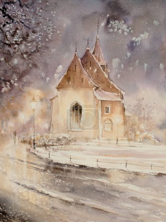 Téléchargez les photos : Eglise de Sainte Croix à Cracovie près du théâtre national dans un décor de soirée d'hiver. Un tableau peint à l'aquarelle. - en image libre de droit