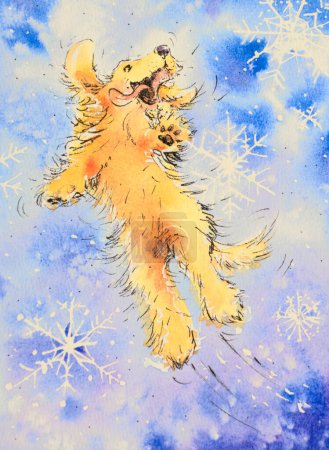 Téléchargez les photos : Joyeux saut de chien. Jeu de chien avec des flocons de neige. Image créée avec des aquarelles. - en image libre de droit