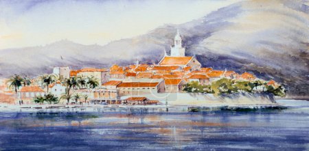 Photo for Beautiful view of the historic town of Korcula on a beautiful sunny day with blue sky and clouds in summer, Island of Korcula, Dalmatia, Croatia. Picture created with watercolors. - Royalty Free Image