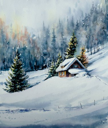 Téléchargez les photos : Aquarelles peinture originale de paysage de montagne d'hiver et maisons couvertes de neige
. - en image libre de droit