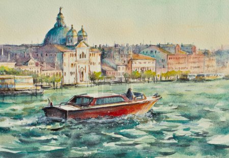 Motorboote sind die wichtigsten Transportmittel in Venedig, Italien, Europa. Panorama des Hauptkanals von Venedig im Sommer, gemalt mit Aquarellen.