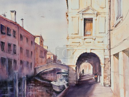 Téléchargez les photos : Canal de la vieille ville de Chioggia - Italie Europe. Image créée avec des aquarelles - en image libre de droit