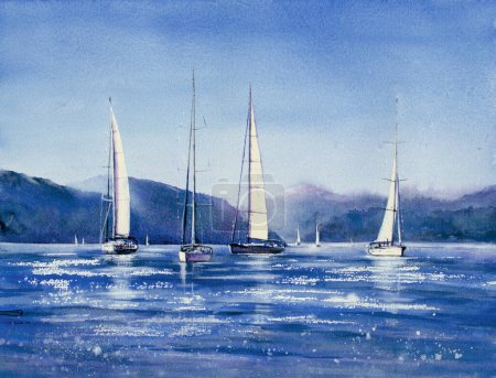 Summer landscape, sea, sailboats and mountains in background.The picture was painted by hand with watercolors.