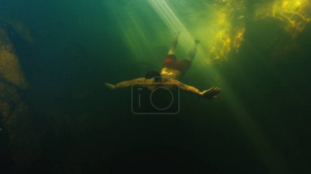 Photo for Young man free dives in the lake located in a forest and swims by underwater rocks - Royalty Free Image