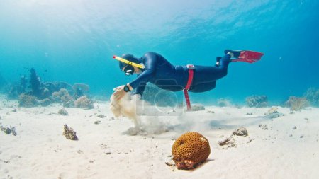 Téléchargez les photos : Plongeur libre mâle glisse dans la mer tropicale au-dessus du fond sablonneux et joue avec le sable - en image libre de droit