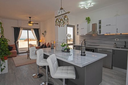 Téléchargez les photos : Interior design decor showing modern kitchen and appliances in luxury apartment showroom with bedroom - en image libre de droit