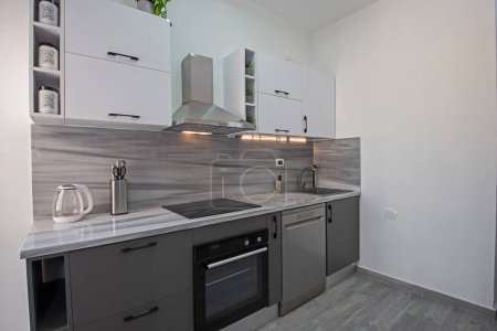 Téléchargez les photos : Interior design decor showing modern kitchen and appliances in luxury apartment showroom with bedroom - en image libre de droit