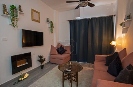 Téléchargez les photos : Salon salon dans un appartement de luxe montrer la maison montrant décoration intérieure ameublement avec feu électrique - en image libre de droit