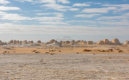 Téléchargez les photos : Paysage panoramique vue panoramique sur désert blanc et aride de l'ouest de l'Egypte avec des formations géologiques calcaires rocheuses - en image libre de droit