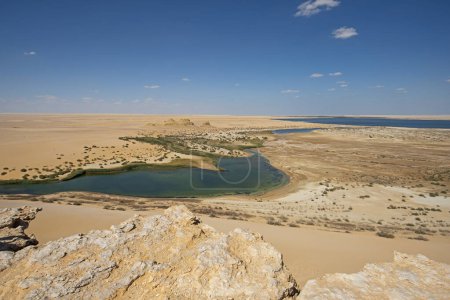 Vista aérea panorámica sobre el remoto valle del desierto egipcio africano con oasis de lago salado y piscinas
