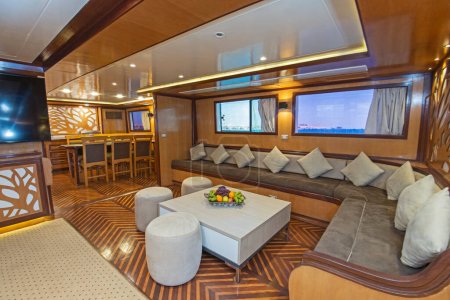 Photo for Interior design furnishing decor of the salon area in a large luxury motor yacht - Royalty Free Image