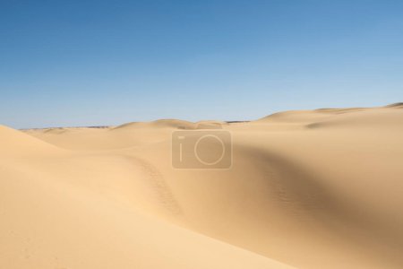 Téléchargez les photos : Paysage vue panoramique du désert aride désert occidental désolé en Egypte avec de grandes dunes de sable sur fond de ciel bleu - en image libre de droit