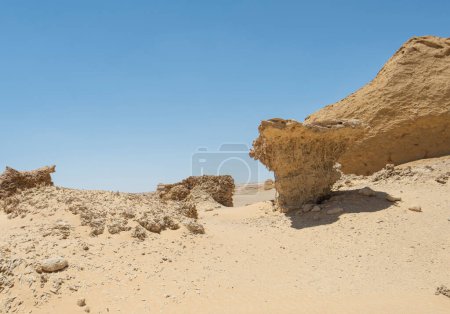 Landscape scenic view of desolate barren western desert in Egypt with geological sandstone rock formations and fossilised mangrove trees