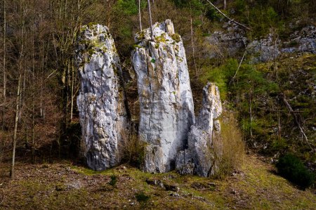 Formación rocosa en los Karts de Moravia llamada Padre Madre e Hijo. Moravia del Sur, República Checa
.