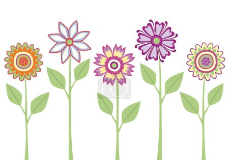 Foto de Conjunto de 5 coloridas flores vectoriales y hojas en un tallo - Imagen libre de derechos