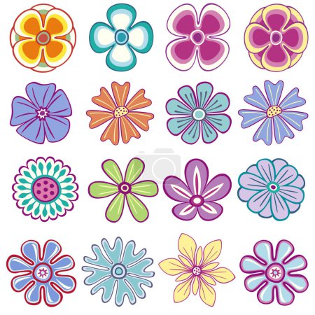 Foto de Vector Colección de 16 flores de pétalo estilizadas aisladas individuales en colores brillantes - Imagen libre de derechos