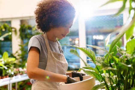 Téléchargez les photos : Belle jeune fleuriste fille tenant pot de plante tout en travaillant dans le magasin de fleurs - en image libre de droit