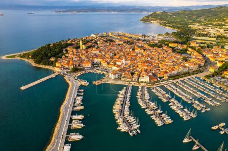 Photo for Izola townscape  on the Adriatic coast of the Istrian peninsula in Slovenia. Aerial drone view. - Royalty Free Image