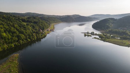 Dunajec River bends in Lesser Poland near Tarnow. Aerial drone view at springtime
