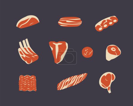 Téléchargez les photos : Morceaux de boeuf, icônes vectorielles de viande, steaks et côtes, boeuf haché et filet mignon - en image libre de droit