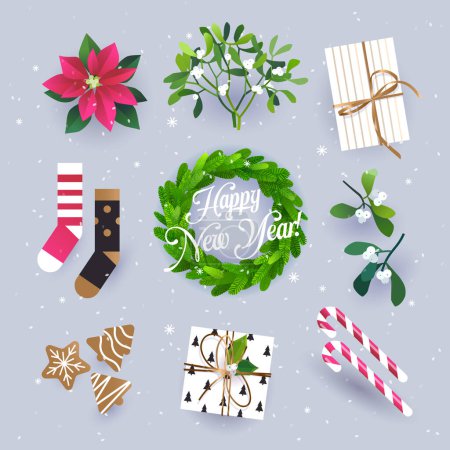 Téléchargez les photos : Décorations traditionnelles de Noël, esprit des vacances d'hiver, joyeux Nouvel An actifs de carte de voeux - en image libre de droit