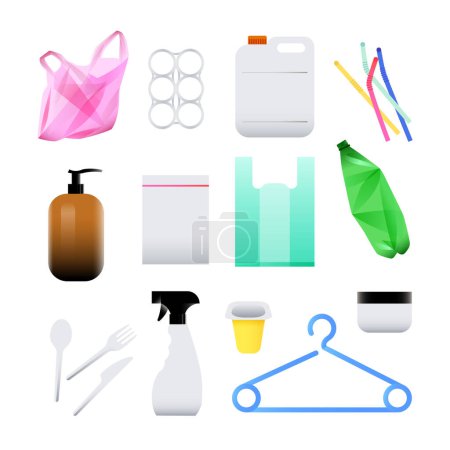 Téléchargez les photos : Common plastic waste items. Disposable bag, water bottle, drinking straws. Vector illustration, realistic style - en image libre de droit
