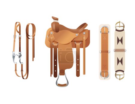 Illustration for Western style horse tack, brown cowboy saddle with curb bit bridle and girth - Royalty Free Image