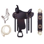 Western style horse tack, black cowboy saddle with cinch, rope halter and lasso