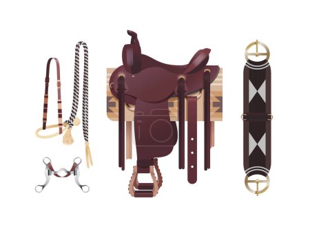 Illustration for Western horse harness, dark brown cowboy saddle with blanket, cinch, bosal bridle and curb bit - Royalty Free Image