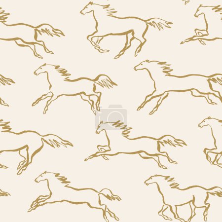 Hand drawn outline silhouette of the horses, paint brush drawings, equestrian seamless pattern for fabric design and packaging