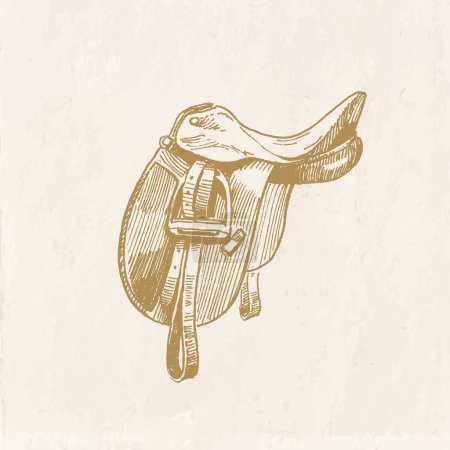 Ilustración dibujada a mano del sillín de doma con estribos, dibujo de estilo vintage