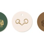 Round tag template design, equestrian shop product, hand drawn horse tack and harness, grooming product, classical vintage style