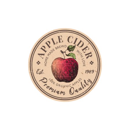 Téléchargez les photos : Emblème vintage pour cidre de pomme avec illustration de pomme dessinée à la main. Modèle d'autocollant - en image libre de droit