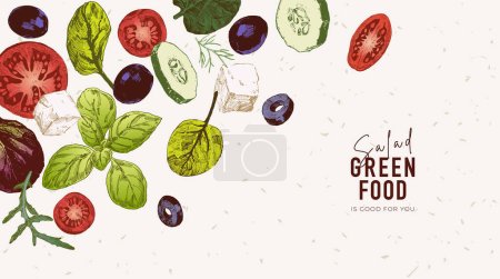 Téléchargez les photos : Illustrations dessinées à la main de tomates tranchées, concombres, olives, fromage feta et légumes-feuilles. Ingrédients de salade. Mode de vie sain concept - en image libre de droit