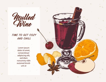 Téléchargez les photos : Verre à vin chaud traditionnel aux fruits. Orange pelée. Illustration d'humeur d'automne. Menu boissons chaudes aux épices dessinées à la main - en image libre de droit