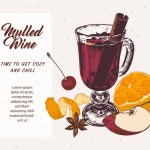 Traditional mulled wine glass with fruits. Peeled orange. Autumn mood illustration. Hot drinks menu with hand drawn spices