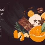 Christmas banner for menu with mulled wine and hot drinks ingredients. Winter holiday food with copy space for text. Set with fruits and spices. Hand drawn vector illustration